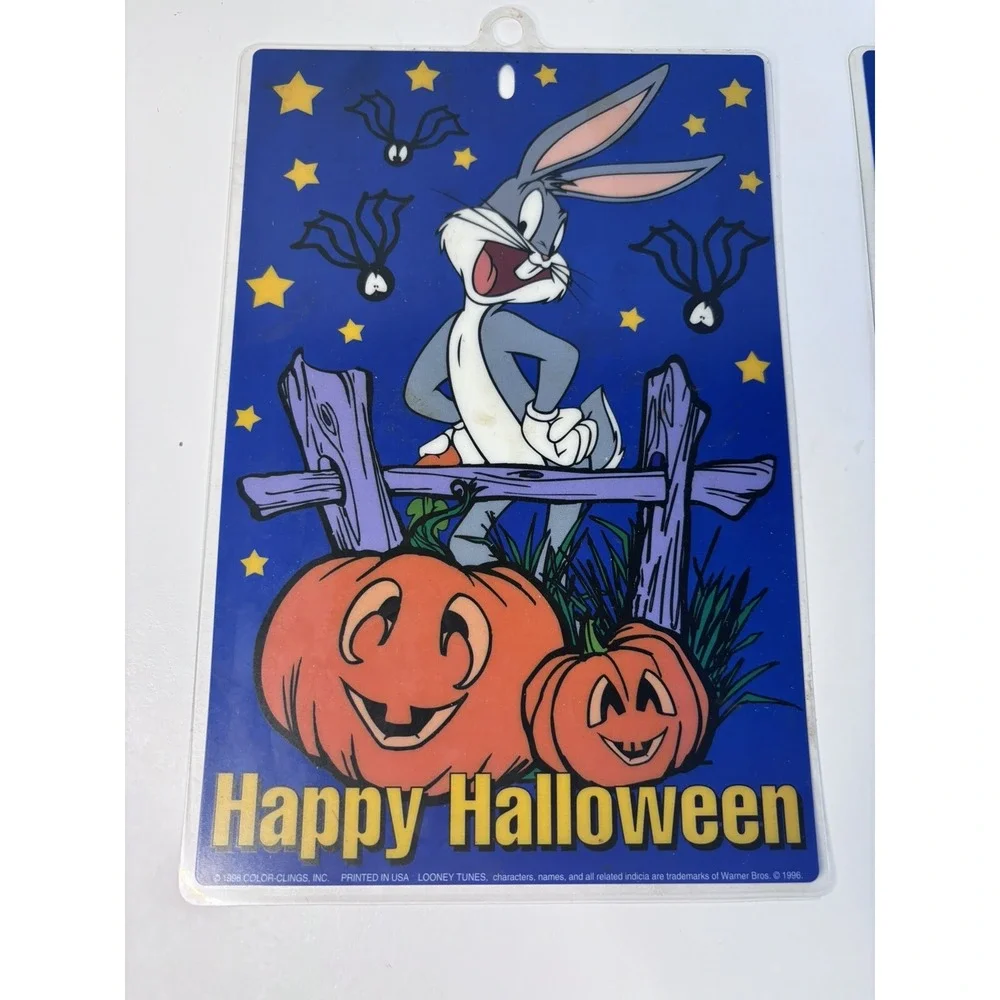 4 VINTAGE LOONEY TUNES‎ HAPPY HALLOWEEN BUGS BUNNY 9x6 Window Suction Cup Hanger
